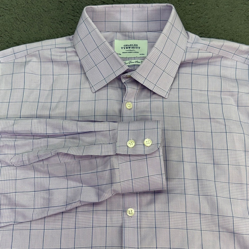 Charles Tyrwhitt Dress Shirt Mens 17.5/35 Purple Check Non Iron Extra Slim Fit